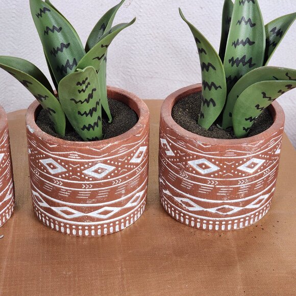 Faux Plants in Terracotta Tribal Print Faux Cement Pots Set of 3 4"Wx9"H - Picture 7 of 15